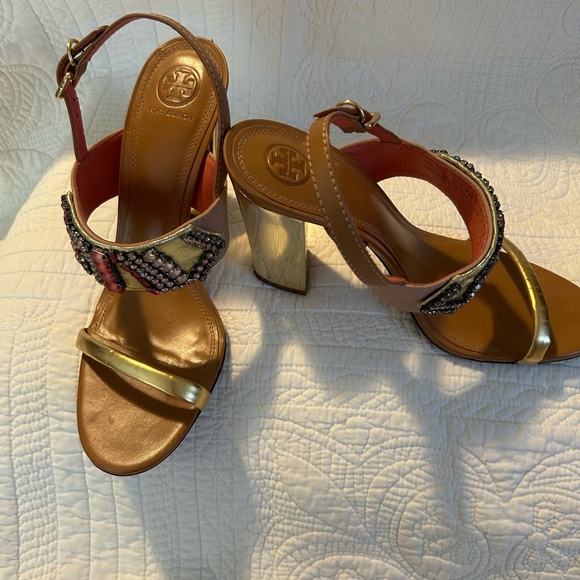 Tory Burch 100MM - Fabric - Leather - Metallic Size 9.5 Preloved EUC - Picture 3 of 10